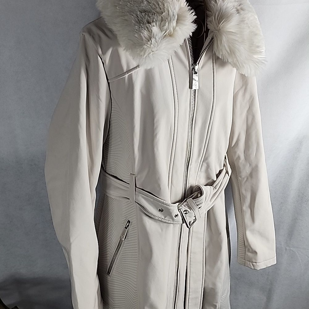 Guess Faux Fur Collar Winter White Trench Coat Detachable Scandi Girl